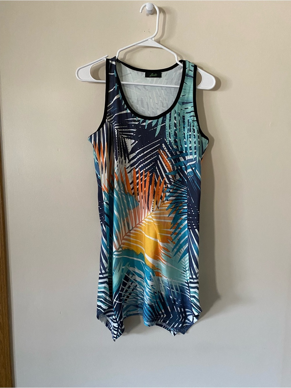 Sleeveless Tropical Palm Print beaded tank midi dress - Navy